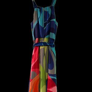 Flouncy lined multi-colored maxi dress with scarf belt, size PM